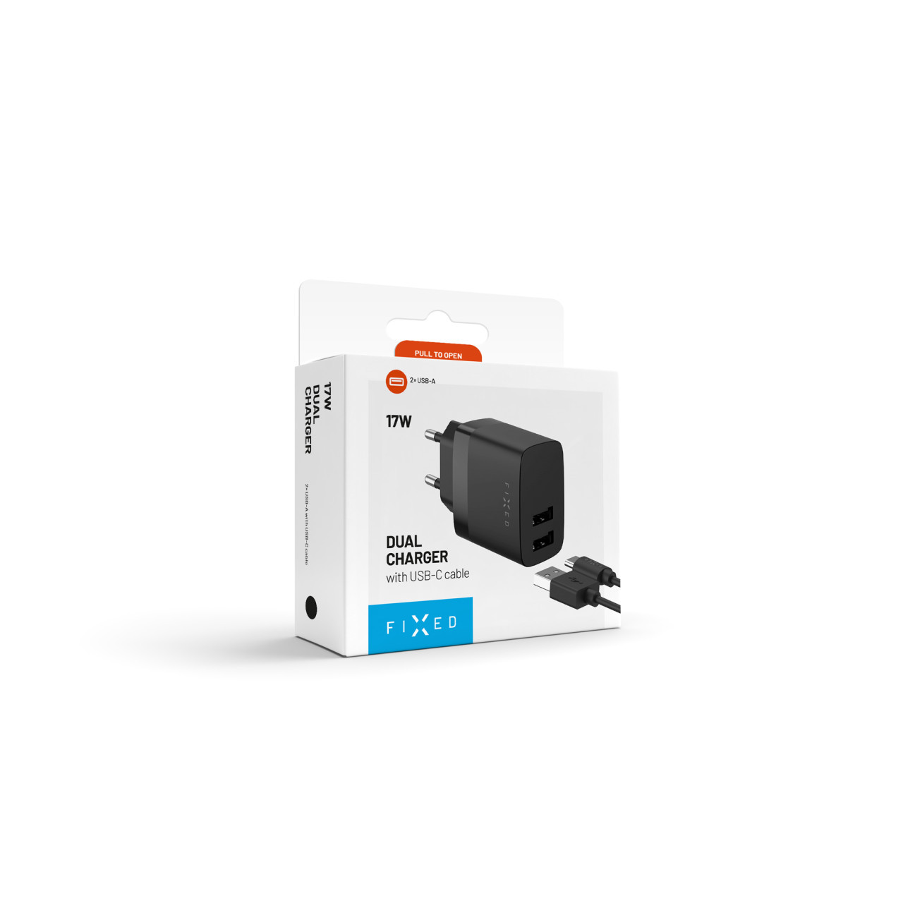 Set síťové nabíječky FIXED s 2xUSB výstupem a USB/USB-C kabelu, 1 metr, 17W Smart Rapid Charge, černá