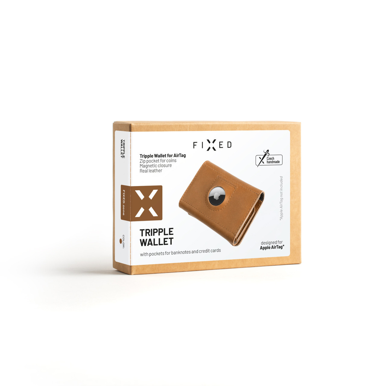 Kožená peněženka FIXED Tripple Wallet for AirTag z pravé hovězí kůže, hnědá