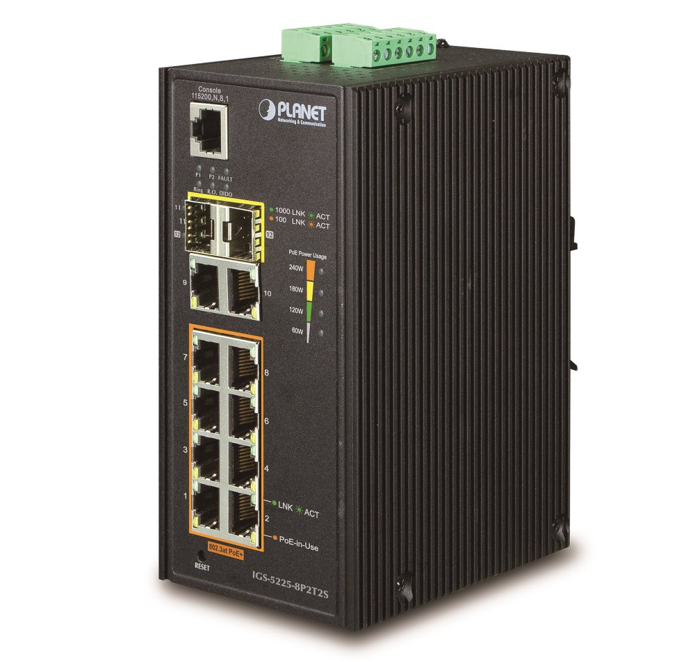 Planet IGS-5225-8P2T2S průmyslový L3 switch, 8x1Gb, 2x1Gb SFP, 8x PoE 802.3at 240W -40~75°C, dual 48-54VDC, IP30