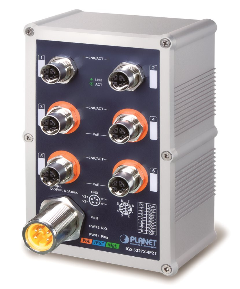 Planet IGS-5227X-4P2T vodotěsný průmyslový L3 switch, 6x1Gb M12, 4x PoE 802.3at 144W, 12-56VDC, -40~75°C, IP67, EN50155