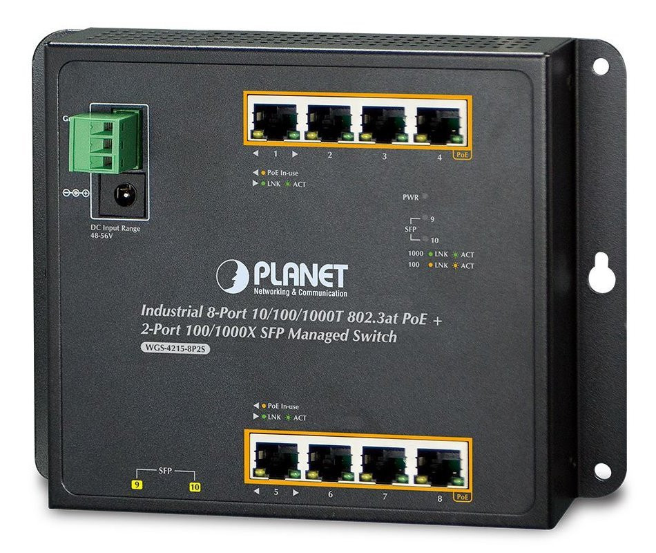 OPRAVENÉ - Planet WGS-4215-8P2S nástěnný PoE switch 8x1000B-T,2x SFP, Web/SNMP, 802.3at <200W,-40~75°C, fanless