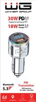 WG - Nabíječka do auta, Transmitter FM, USB-A QC 3.0 18W + USB-C PD 30W, stříbrná