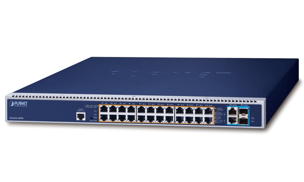 Planet GS-6322-24P4X L3 switch, 24x1Gb, 2x10Gb, 2x10Gb SFP+, 16x PoE 802.3bt 2280W, 2x power-in