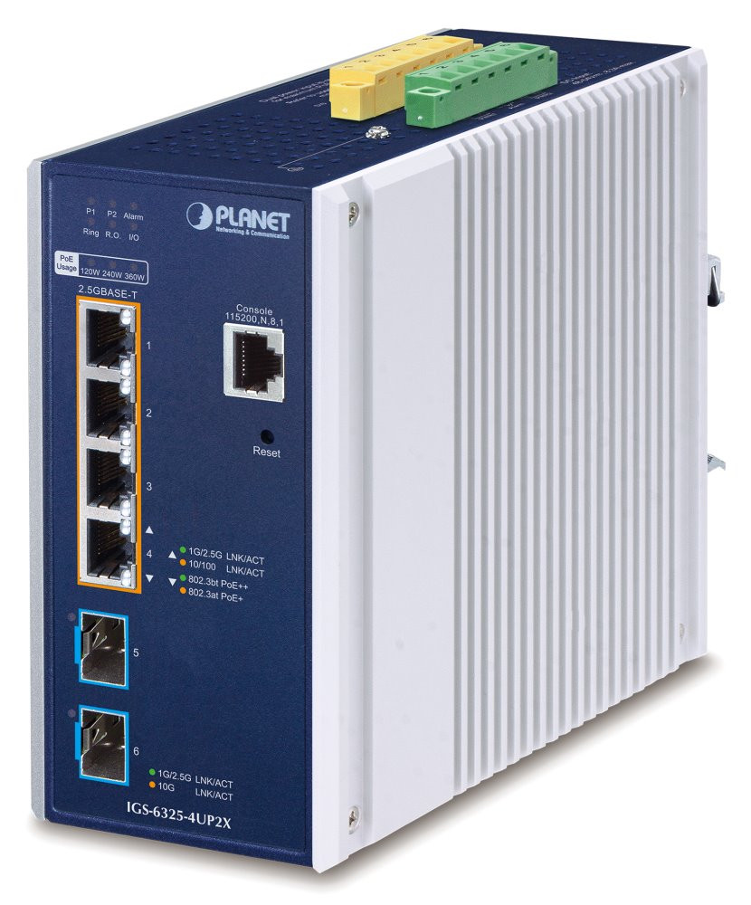 Planet IGS-6325-4UP2X průmyslový L3 switch, 4x2.5Gb, 2x10Gb SFP+, PoE 802.3bt 360W, 48-54VDC, -40~75°C, IP30, fanless