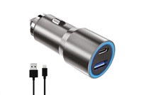 WG - Autonabíječka 2x USB 38 W, 1x USB-A + 1x USB-C, + kabel USB-A na Lightning, stříbrá