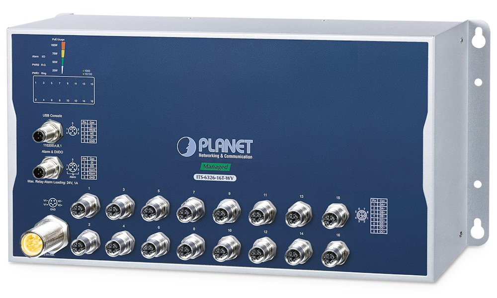 Planet Průmyslový L3 switch 16x  M12 konektory, IP40, -40+70°C, 24-110 VDC