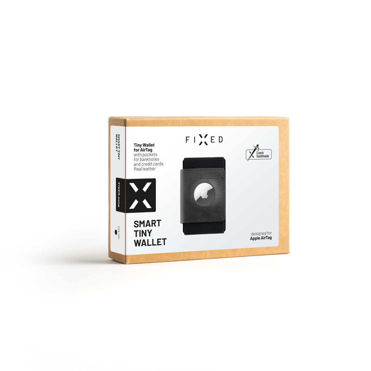 Kožená peněženka FIXED Tiny Wallet for AirTag z pravé hovězí kůže, černá
