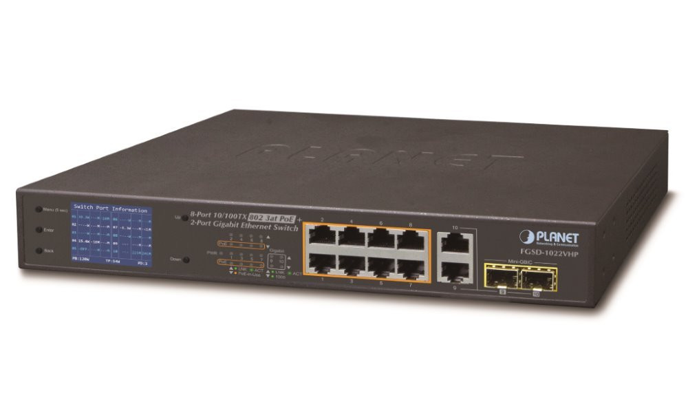 OPRAVENÉ - Planet FGSD-1022VHP PoE switch, 8x100, 2x1000-TP/SFP, LCD, VLAN, extend mód 10Mb do 250m, IEEE 802.3at<120W