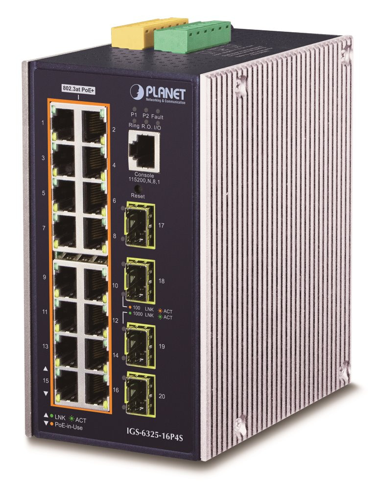 Planet IGS-6325-16P4S průmyslový L3 switch, 16x1Gb, 4x2.5G SFP, PoE 802.3at 320W, 48-56VDC, -40~75°C, IP30, fanless