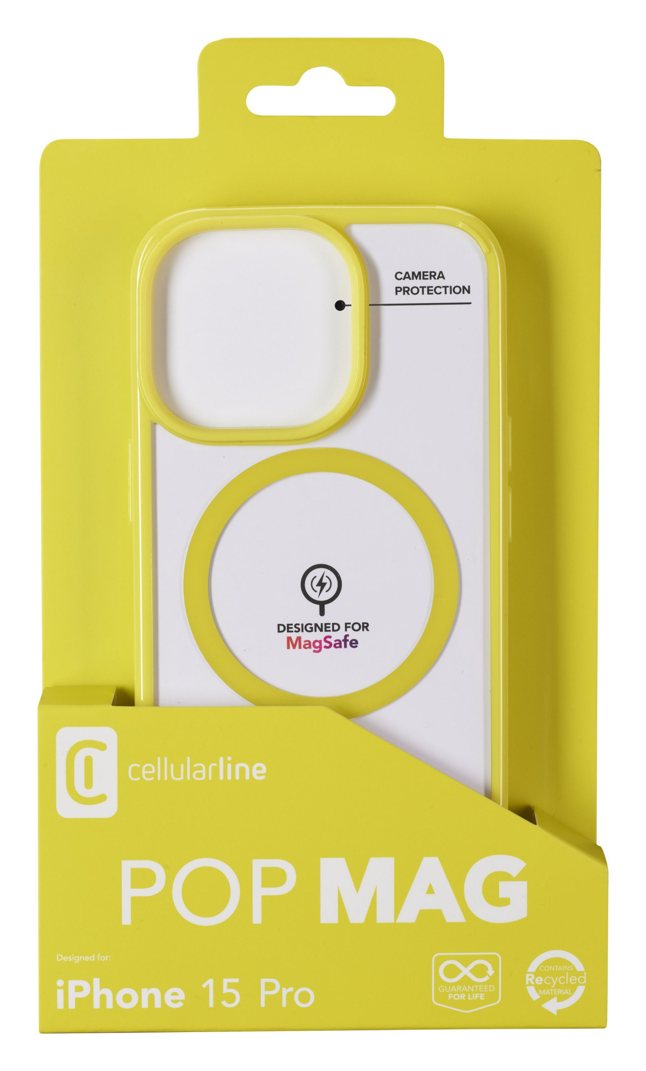 Zadní kryt Cellularline Pop Mag s podporou Magsafe pro Apple iPhone 15 Pro, čirý / limetkový