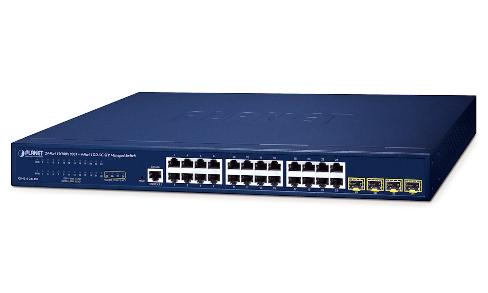 Planet GS-4210-24T4SR L2 switch, 24x 1Gb, 4x 1000/2500Mb SFP, QoS, fanless, 2x power-in (AC+DC)