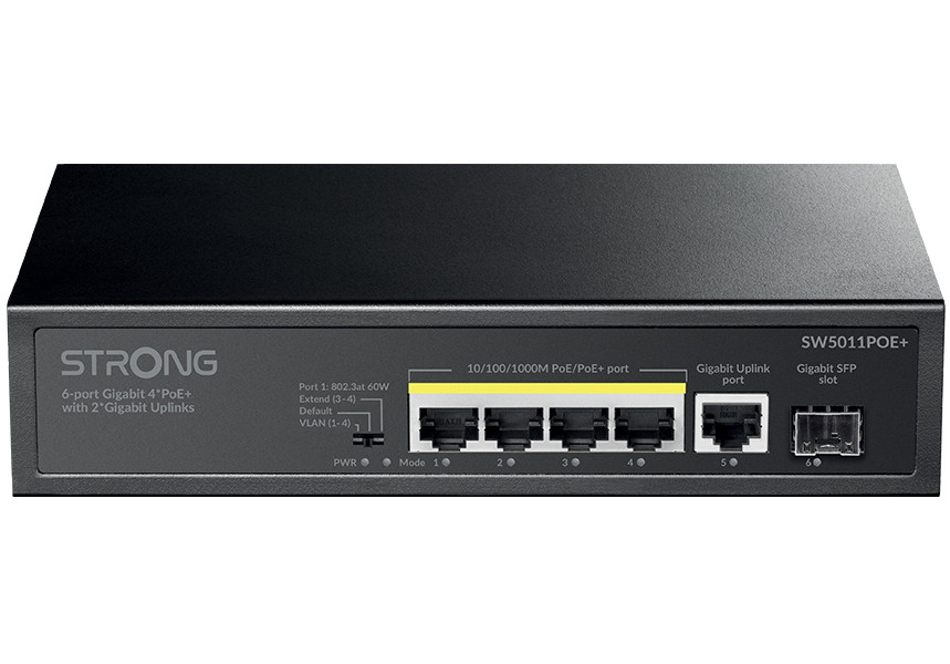 STRONG switch SW5011POE+/ 4x port Gigabit POE+/ 1x Ggabit Uplink port/ 1x Gigabit port SFP/ IEEE802.3af/at/ kovové šasi