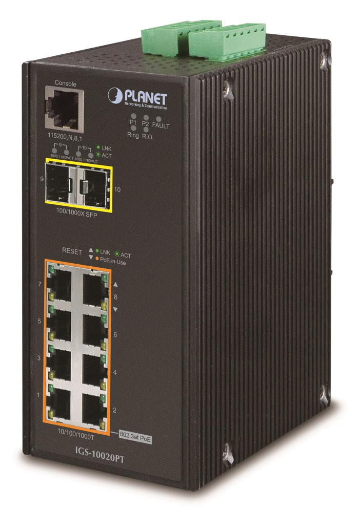 Planet IGS-10020PT průmyslový L3 switch, 8x1Gb, 2x2.5Gb SFP, 8x PoE 802.3at 240W, 48-54VDC, -40~75°C, IP30