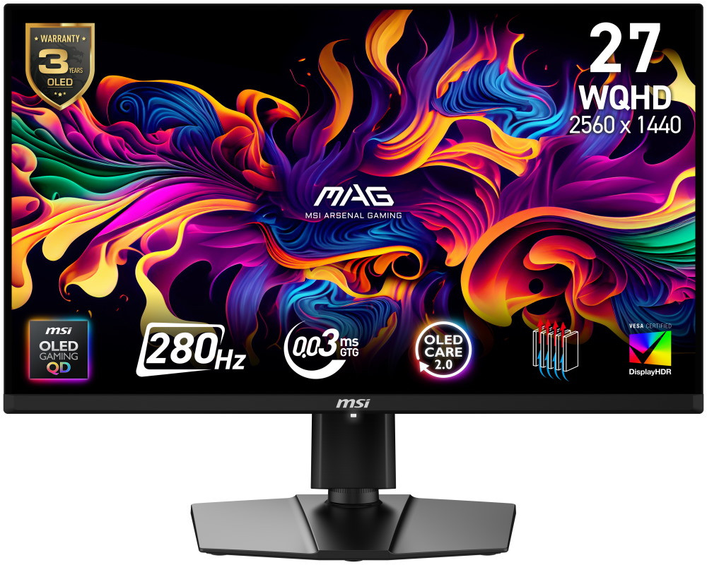 MSI Gaming MAG 271QP QD-OLED X28/ 26,5"/ 2560x1440/ OLED/ 0,03ms/ 280Hz/ 250cd/m2/ 1500000:1/ HDMI/ DP/ VESA/ černý