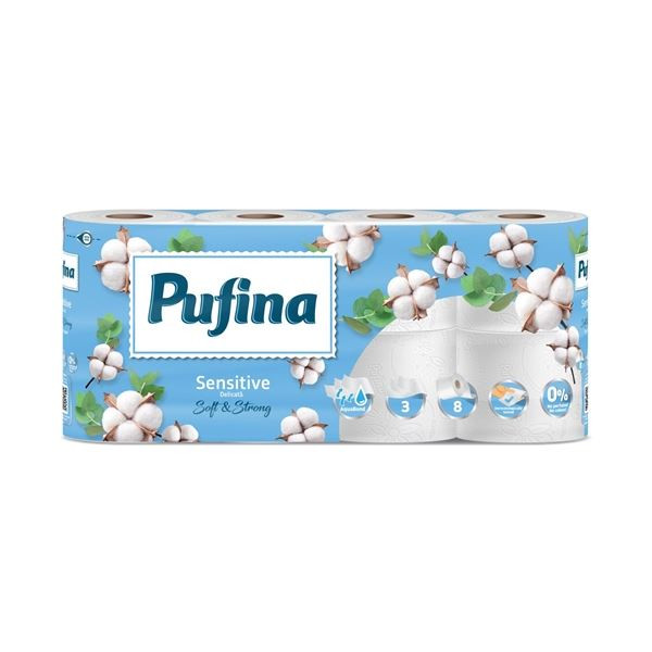 Toaletní papír Pufina Aquabond, 3vrstvý, 8 rolí