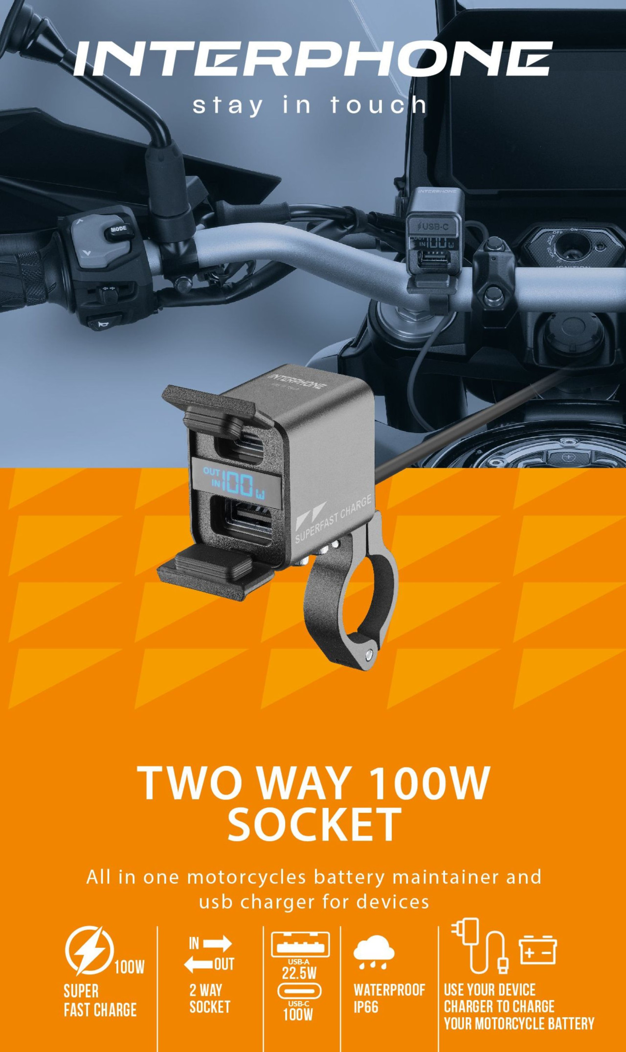 Interphone USB a USB-C 100W obousměrná zásuvka - nabíječka na motorku