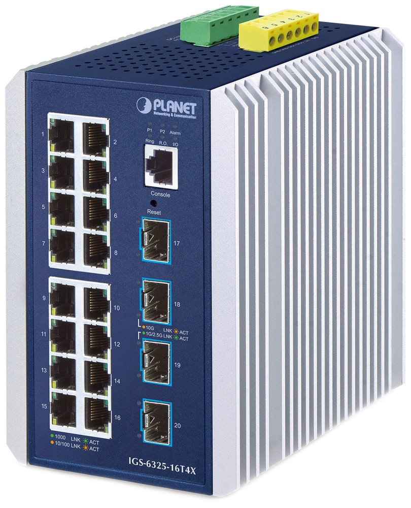 Planet IGS-6325-16T4X průmyslový L3 switch, 16x1Gb, 4x10Gb SFP+, -40~75°C, dual 9-48VDC, IP30, fanless