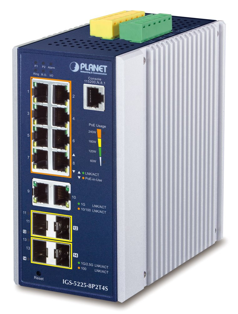 Planet IGS-5225-8P2T4S průmyslový L3 switch, 8x1Gb, 2x1Gb SFP, 2x2.5Gb SFP, 8x PoE 802.3at 240W, dual 48-54VDC, -40~75°C