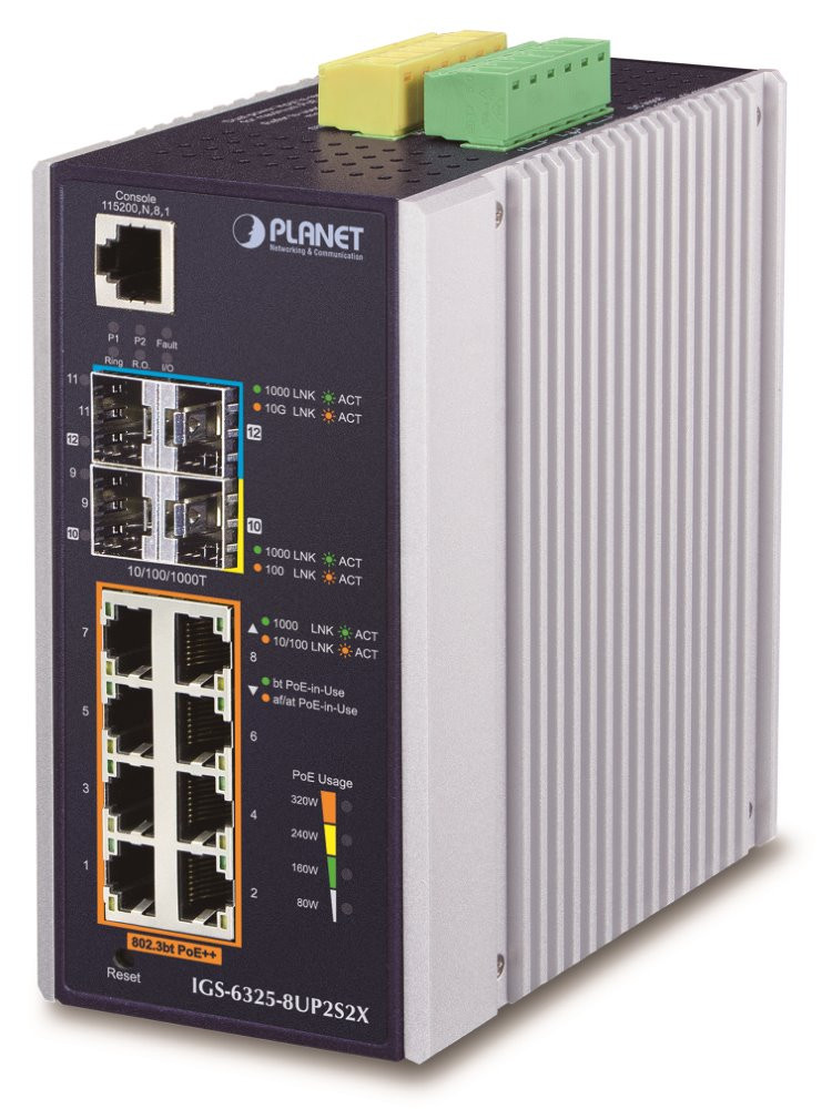 Planet IGS-6325-8UP2S2X průmyslový L3 switch, 8x1Gb, 2x2.5Gb SFP, 2x10Gb SFP+, 90/360W, 48-54VDC, -40~75°C, fanless