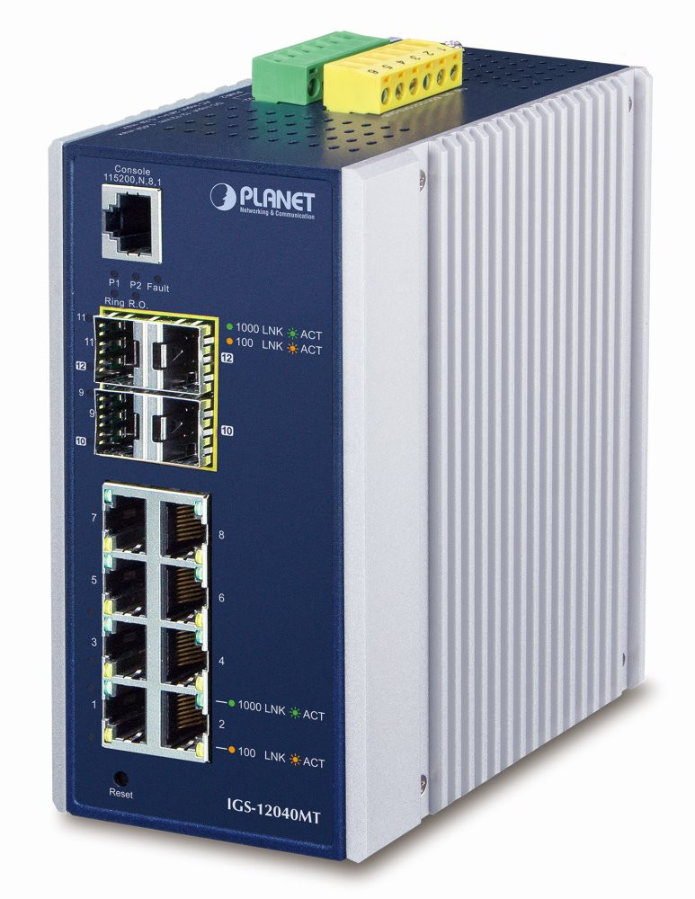 Planet IGS-12040MT L3 switch, 8x1Gb, 2x1Gb SFP, 2x2.5Gb SFP, dual 12-72VDC, -40~75°C, IP30