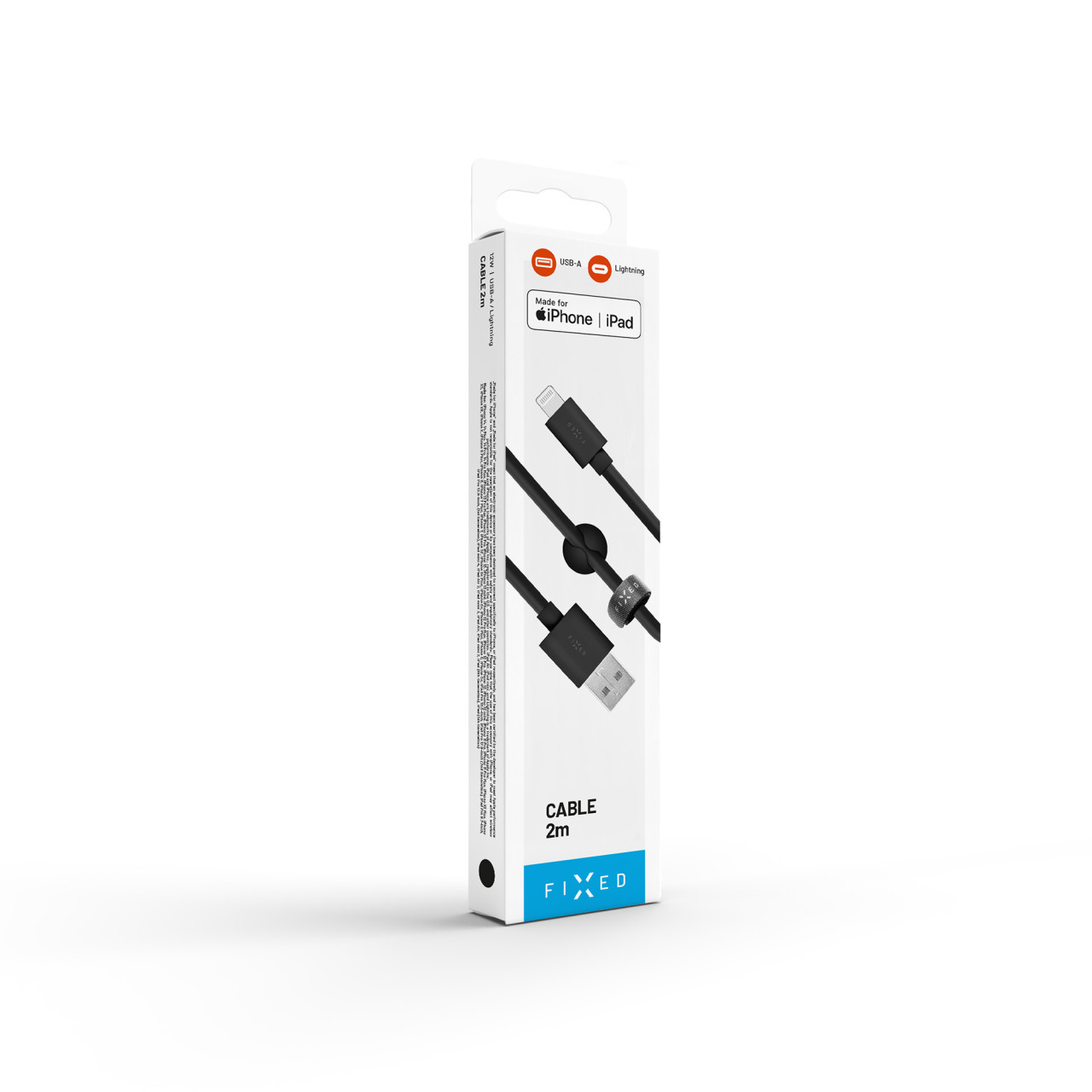 Dlouhý datový a nabíjecí kabel FIXED s konektory USB/Lightning, 2 metry, MFI certifikace, černý