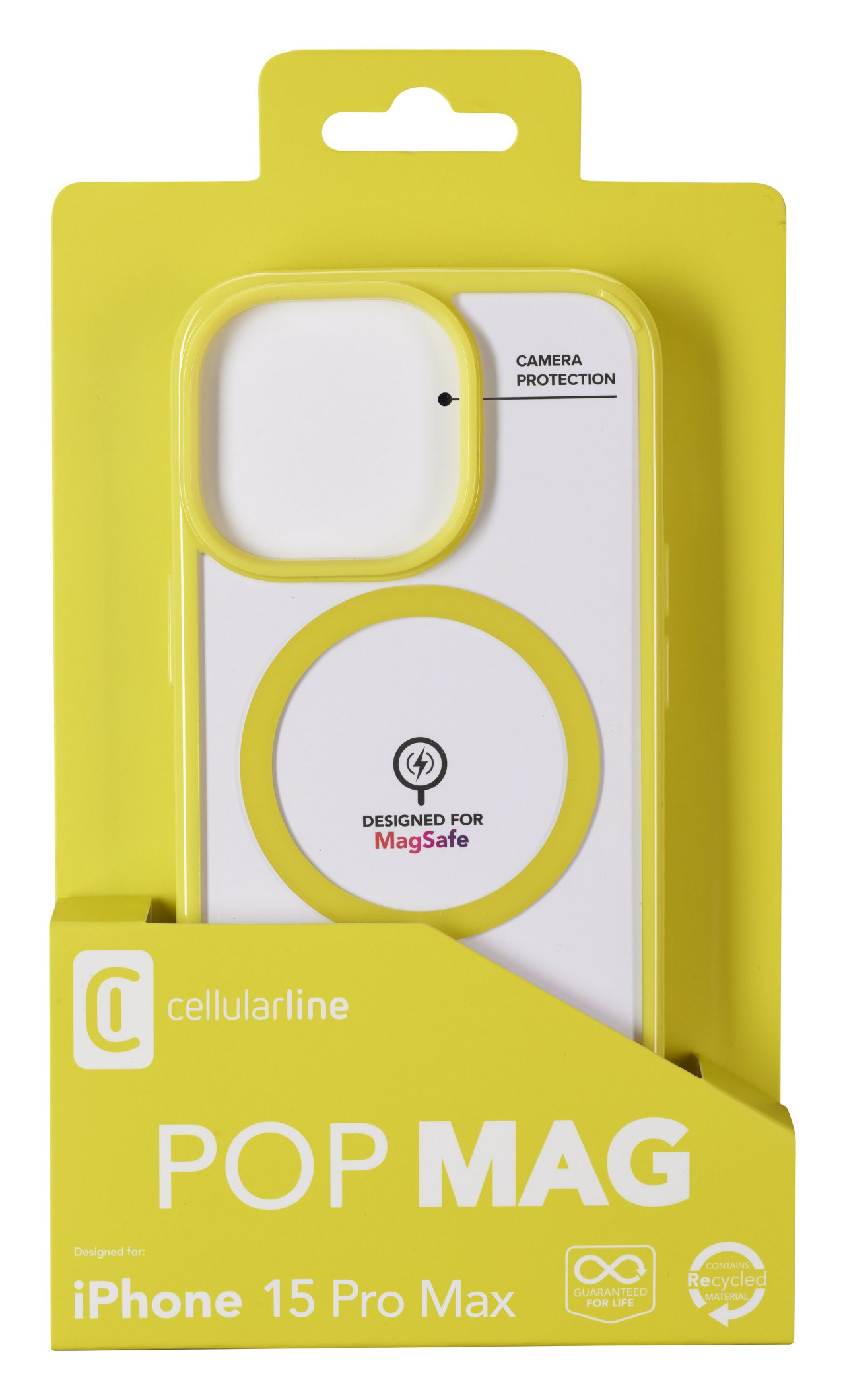 Zadní kryt Cellularline Pop Mag s podporou Magsafe pro Apple iPhone 15 Pro Max, čirý / limetkový