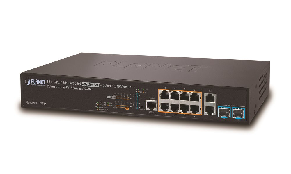 Planet GS-5220-8UP2T2X L3 switch, 10x1Gb, 2x1Gb SFP, 2x10Gb SFP+, 8x PoE 802.3bt 240W, QoS