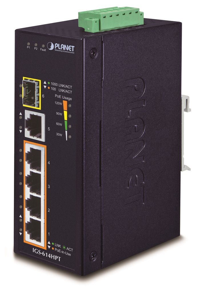 Planet IGS-614HPT Průmyslový PoE Switch 5x 1000Base-T, 1x SFP, 4x PoE 802.3at, -40~+75°C, 12-56VDC, dual-power, DIN