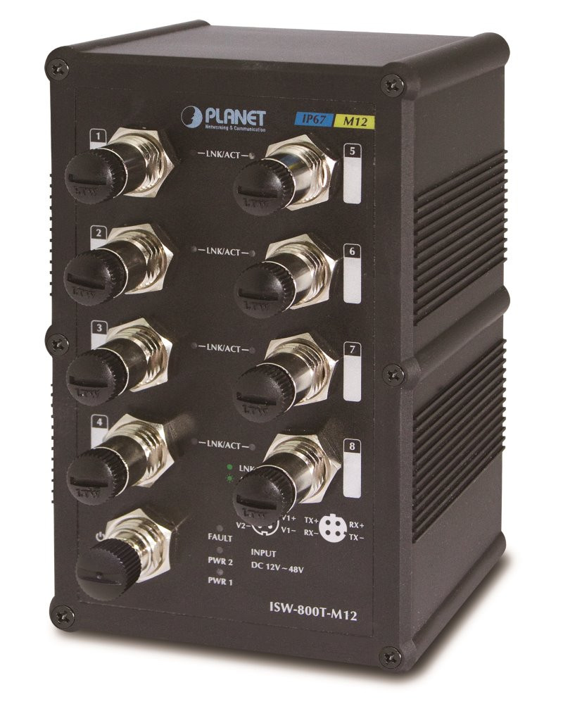 Planet ISW-800T-M12 vodotěsný průmyslový switch, 8x 10/100Mbps M12, ESD, DIN, IP67, -40~75°C, 12-48VDC