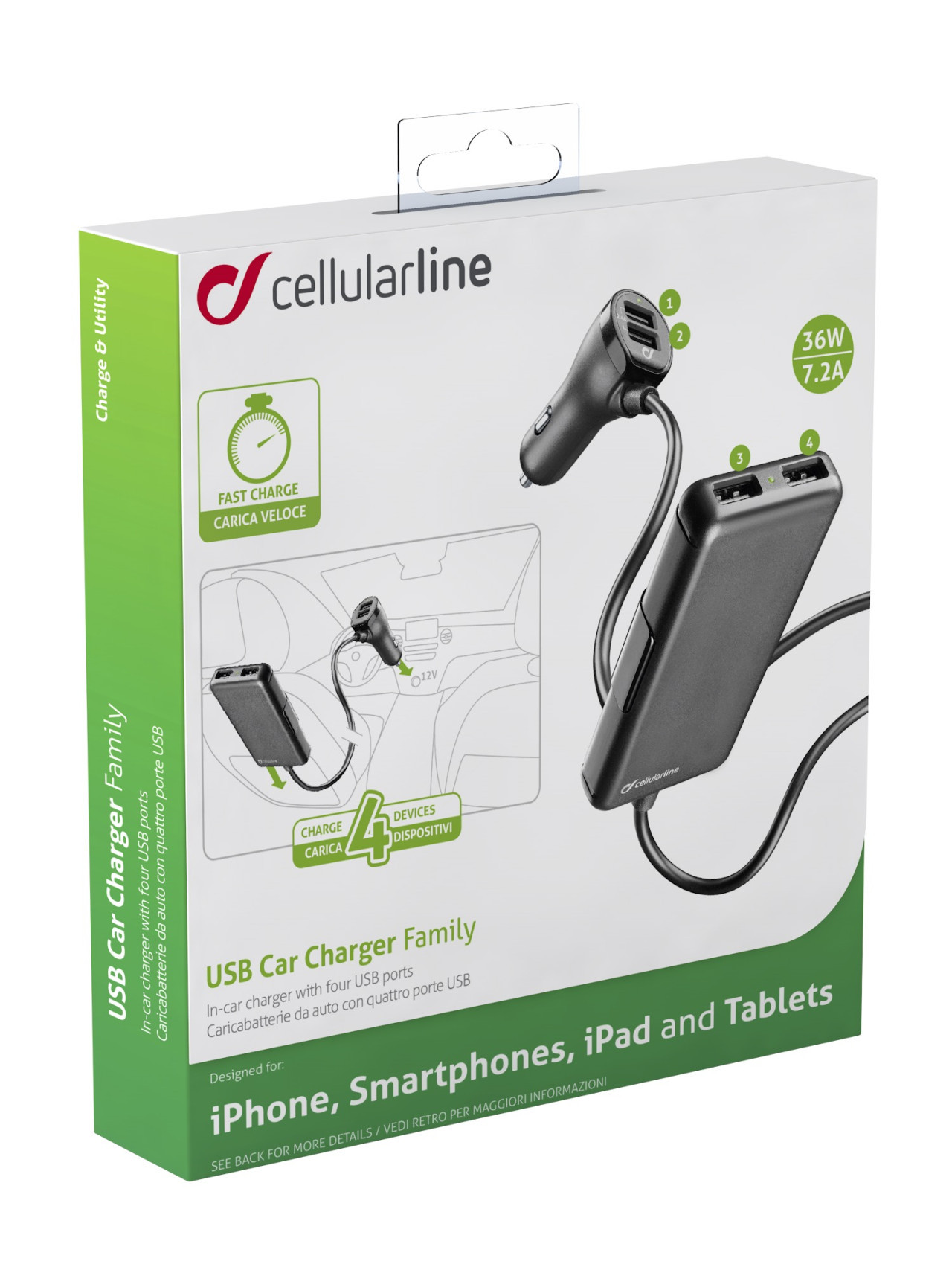 Autonabíječka Cellularline s 4 x USB, 7.2 A, černá