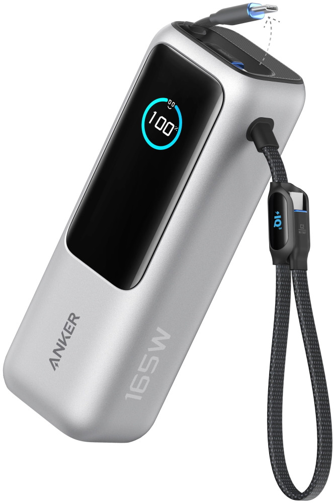 Anker Powerbanka/ 25000mAh/ 165W/ integrovaný USB-C a zasouvací kabel/ stříbrná