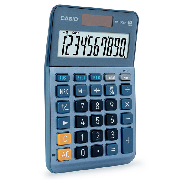 Casio kalkulačka MS 100 EM, modrá, stolní s převodem měn, výpočtem DPH