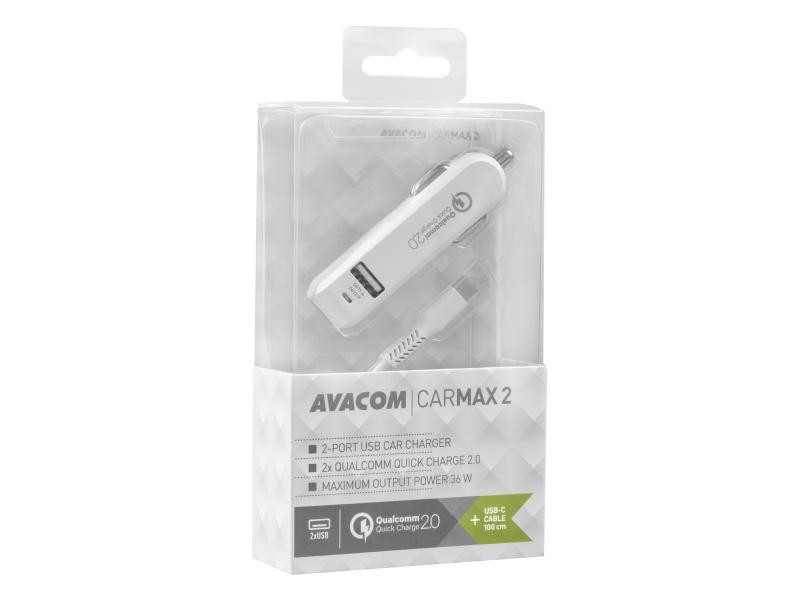 Avacom USB nabíječka do auta CarMAX 2 QuickCharge 2.0, 2 výstupy, kabel USB-A/USB-C,bílá