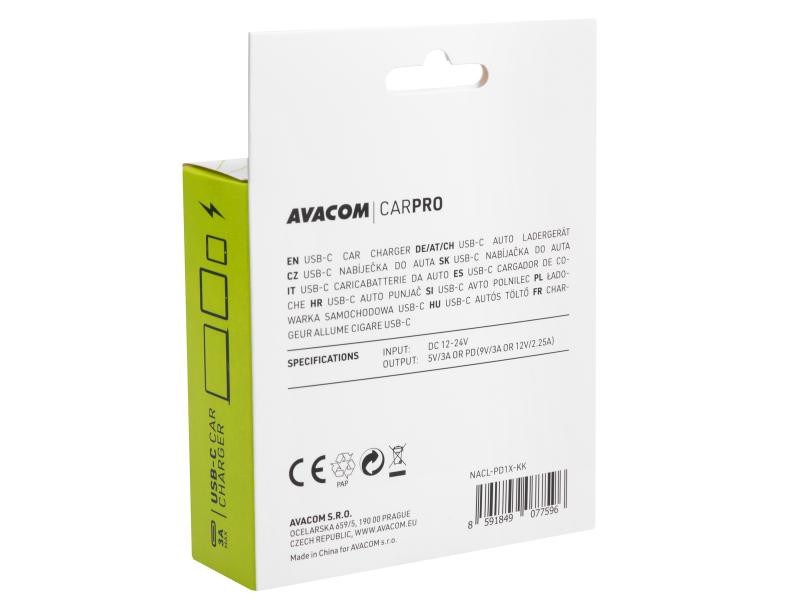 Avacom nabíječka do auta CarPRO s Power Delivery 12V, výstup USB-C 5V/3A nebo (9V/3A nebo 12V/2.25A)