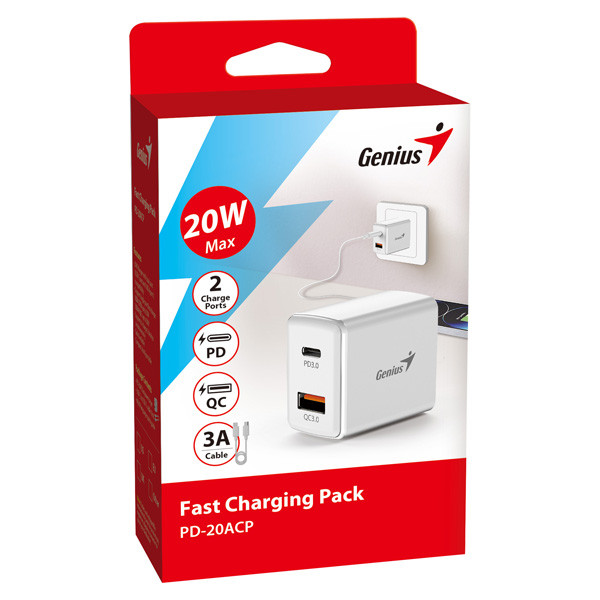 Genius Síťový adaptér 20W, 2 porty, USB-C, USB-A, PD-20ACP