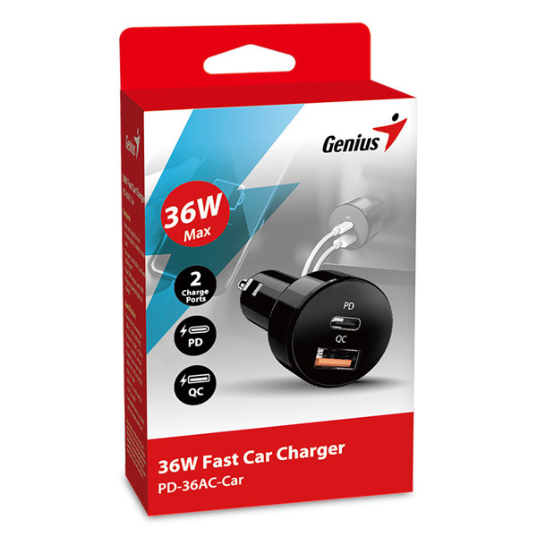 Adaptér do auta Genius 36W, 2 porty, USB-C, USB-A, PD-36AC-Car