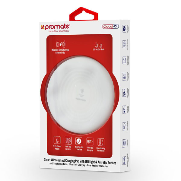 Promate, bezdrátová nabíječka, Cloud-Qi, 9V, nabíjení mobilních telefonů, podsvícená, ochrana proti přehřátí, DOPRODEJ