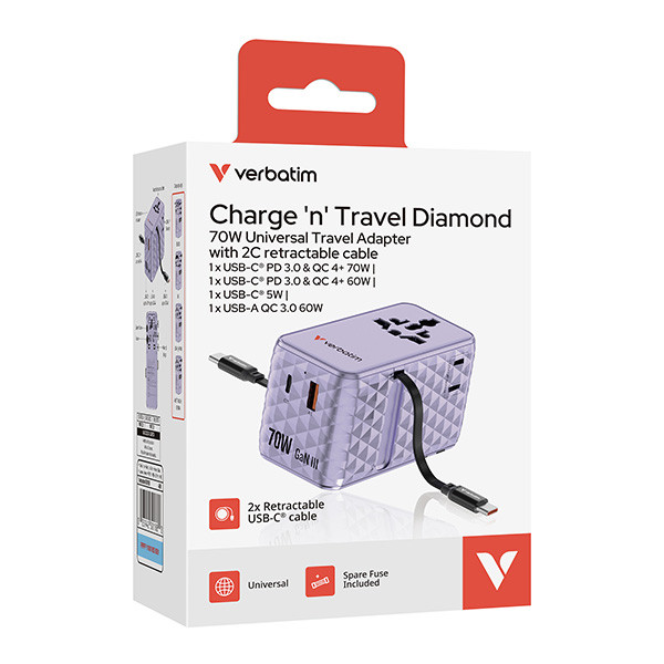Verbatim, Cestovní adaptér Charge ,n, Travel GaN III 1x USB-C, 1X USB-A + 2x integrovaný kabel USB-C, fialová, 70 W