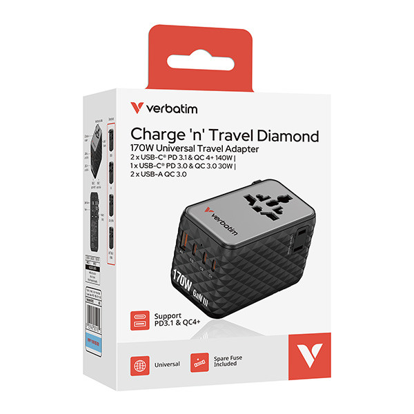 Verbatim, Cestovní adaptér Charge ,n, Travel GaN III 2x USB-C, 2X USB-A + 1x integrovaný kabel USB-C, černá, 170 W