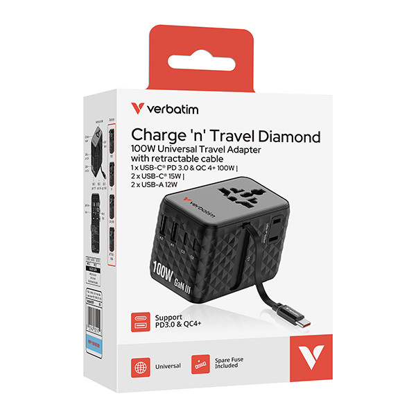 Verbatim, Cestovní adaptér Charge ,n, Travel GaN III 2x USB-C, 2X USB-A + 1x integrovaný kabel USB-C, černá, 100 W