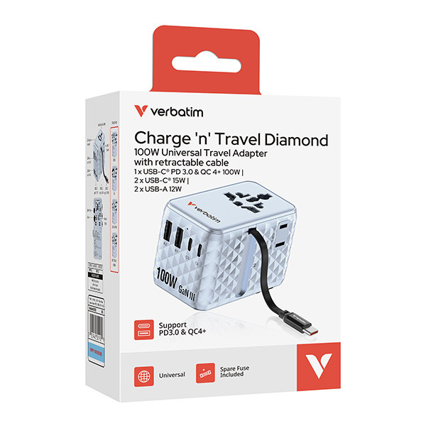 Verbatim, Cestovní adaptér Charge ,n, Travel GaN III 2x USB-C, 2X USB-A + 1x integrovaný kabel USB-C, modrá, 100 W