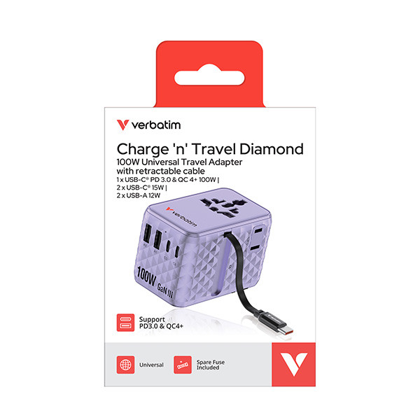 Verbatim, Cestovní adaptér Charge ,n, Travel GaN III 2x USB-C, 2X USB-A + 1x integrovaný kabel USB-C, fialová, 100 W