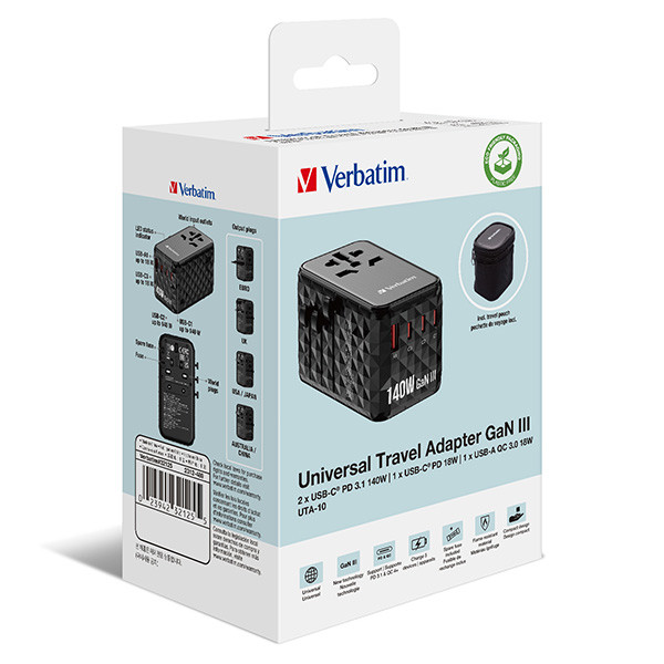 Verbatim, Cestovní adaptér univerzální UTA-10 GaN III 2x USB-C PD a QC 4+, 1x USB-C PD 3.0, 1x USB-A QC, černý, 140 W
