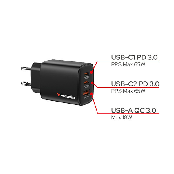 Verbatim Essentials, GaN nabíječka do sítě USB-A QC 3.0, 2 USB-C PD 3.0, černá, 65W, vyměnitelné vidlice EU/UK/US/AUS