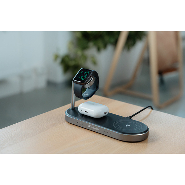 Verbatim, Duální nabíjecí podložka 3 v 1, pro dva telefony iPhone a hodinky Apple Watch, černá, 9V, 35W, Certifikace MFi a Qi, DOP