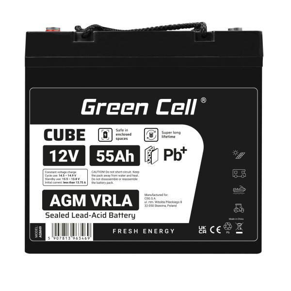 Green Cell CUBE AGM IP54 12V 55Ah VRLA baterie Gel deep cycle skůtr sekačka loď barge sekačka traktor fishing loď