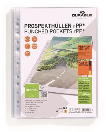 Euroobal rPP "PREMIUM", transparentní, děrovaná, A4, PP, 80 mikronů, 40 ks/balení, DURABLE 268619