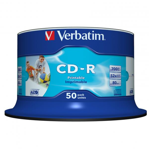Verbatim CD-R, 43438, AZO Wide Inkjet Printable - No ID Branded, 50-pack, 700MB, 52x, 80min., 12cm, spindle, pro archivaci dat
