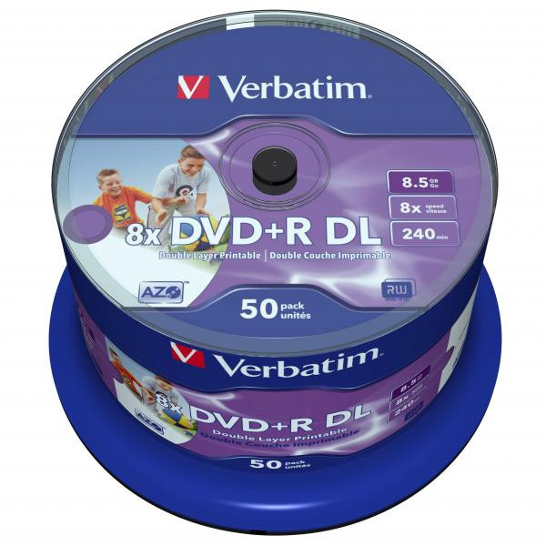 Verbatim DVD+R DL, Double Layer Wide Inkjet Printable, 43703, 8.5GB, 8X, spindle, 50-pack, 12cm, pro archivaci dat