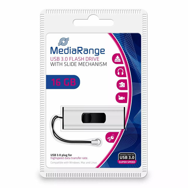 MediaRange USB flash disk, USB USB 3.0 (3.2 Gen 1), 16GB, stříbrný, MR915, USB A, s poutkem, vysouvací, DOPRODEJ